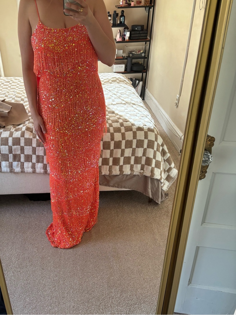 Orange Tiered Fringe Sequin Evening Dress